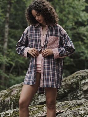 Anthropologie Flannel Oversized Boyfriend Buttondown Shirt Plaid Striped Sz Med